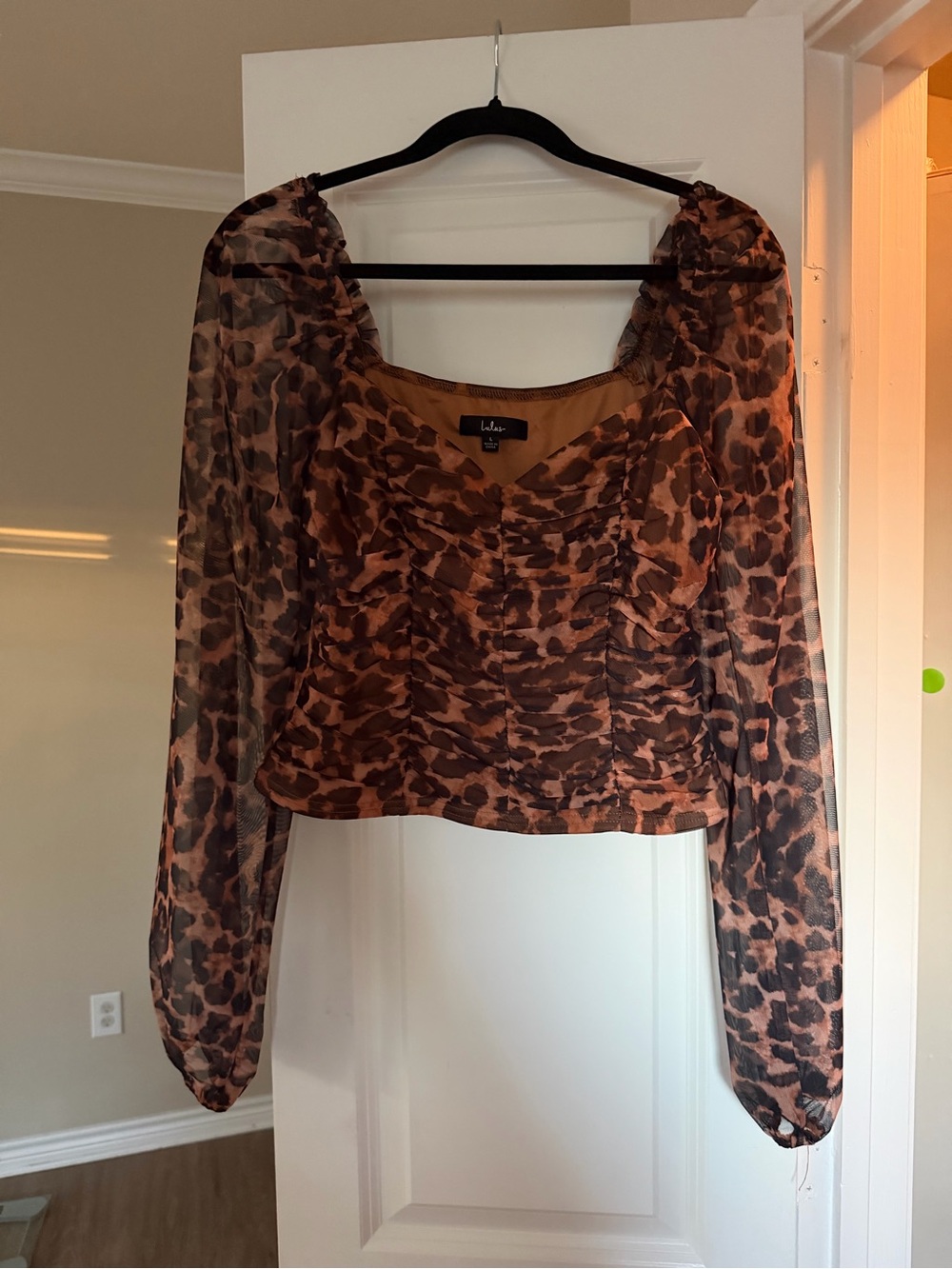 Lulu's Brown Leopard-Print Sheer Ruched Long-Sleeve Blouse